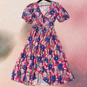 Chelsea28 Pink Floral True Wrap Puff Sleeve Flounce Gathered Midi Dress Size XS